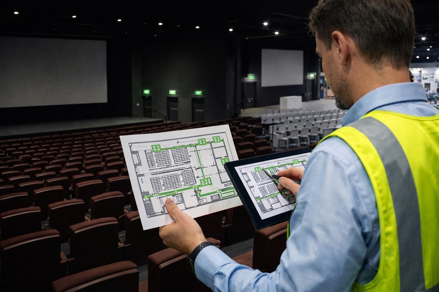 Размещение эвакуационных знаков в больших залах