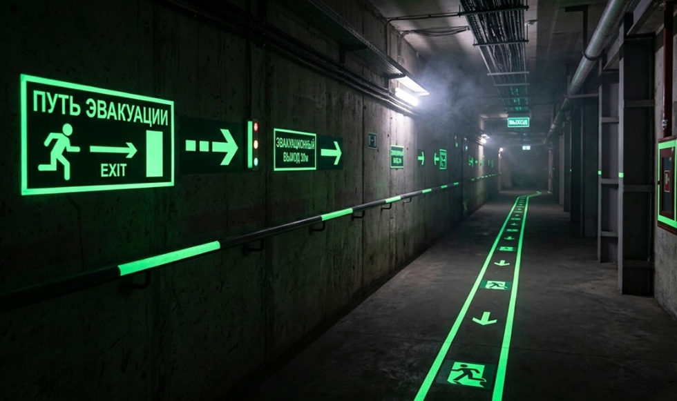 Фотолюминесцентная пленка на путях эвакуации