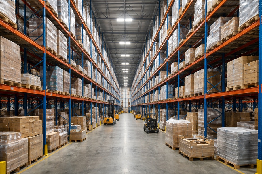 Эвакуационные знаки в складских зонах с высокими стеллажами